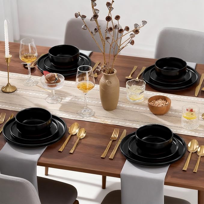 E-far 24-Piece Stoneware Plates and Bowls Sets, Dinnerware Sets for 8, Ceramic Dishware Dishes Set with Terracotta Base, Chip & Scratch Resistant, Microwave & Dishwasher Safe, Matte Black