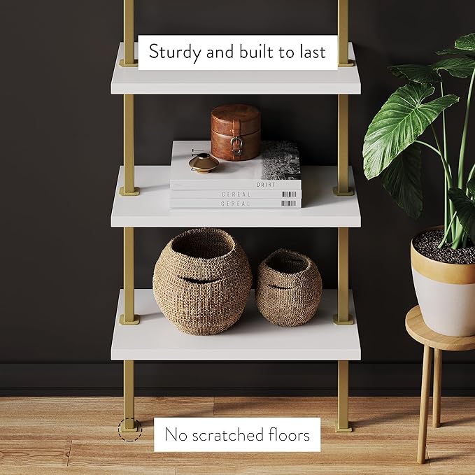 Nathan James 66001 Theo 5-Shelf Gold, Ladder Bookcase with Gold/Brass Metal Frame, White, Set of 2