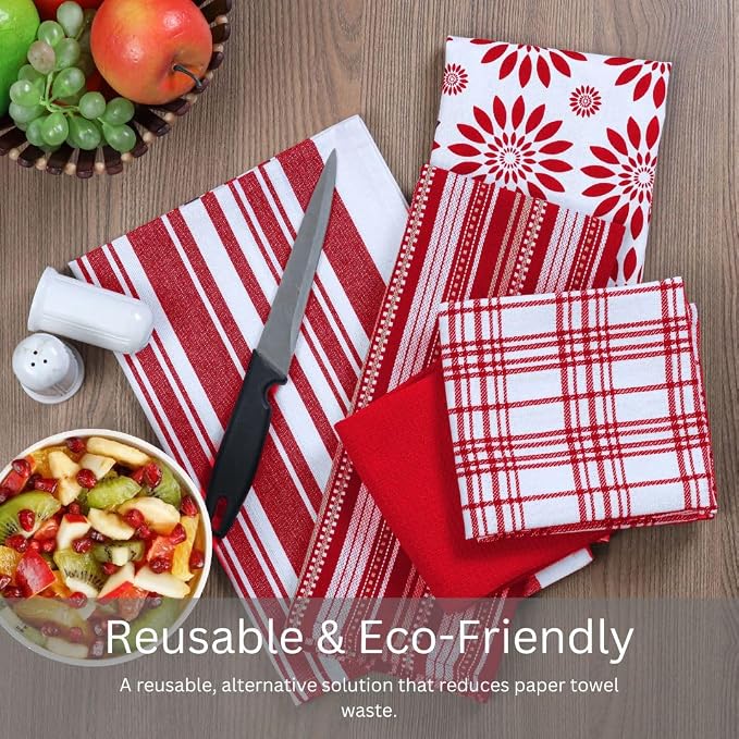 Assorted Kitchen Towels Set of 5-100% Cotton Dish Cloths Towels with Hanging Loop - Soft, Absorbent & Washable for Kitchen Use - Quick Drying Dish Towels 16x26 Inch Red