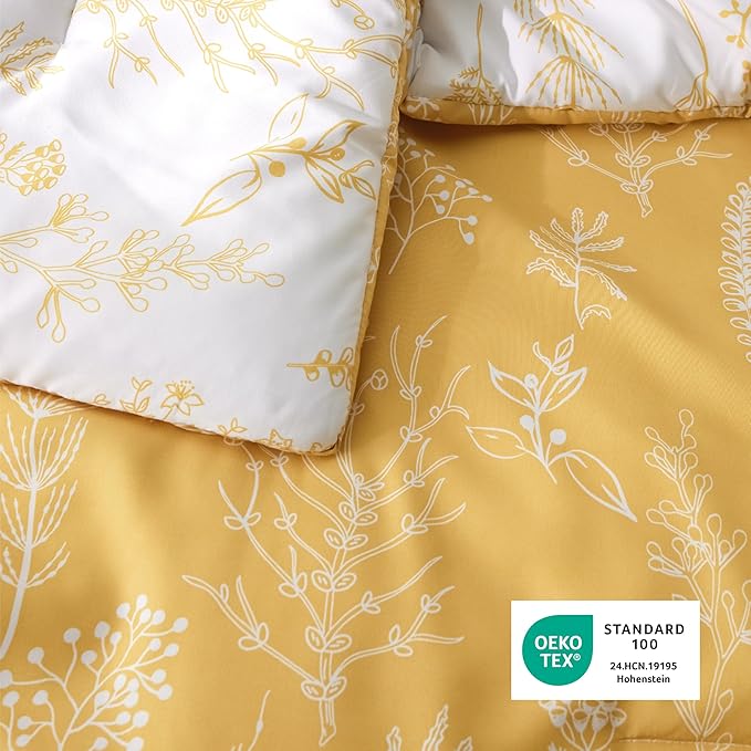 Bedsure Queen Comforter Set - Yellow Bed Set, 3 Pieces Cute Floral Bedding, 1 Soft Reversible Botanical Flowers Comforter and 2 Pillow Shams