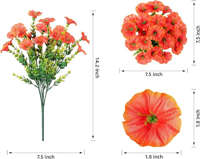 Artificial Flowers Fake Plants for Outdoors Spring Summer Decor, 12 Bundles Orange Silk Morning Glory with Eucalyptus Look Real UV Resistant Faux Flowers for Outside Planters Front Door Yard Indoor