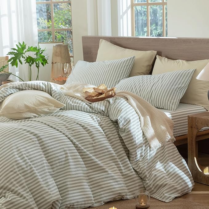 MooMee Striped Duvet Cover Set 100% Washed Cotton Linen Like Textured Breathable Durable Soft Comfy (Sage Green White Classic Stripes, Full 80"x90")