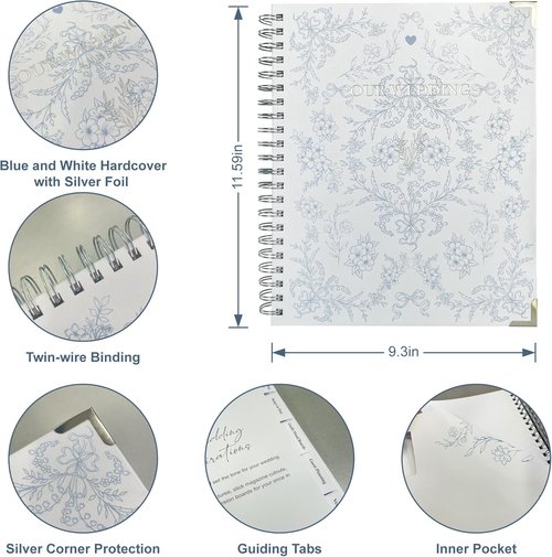 Lady&Home Wedding Planner Book - Elegant Organizer with Countdown Calendars & Checklists | Blue & White Floral Design
