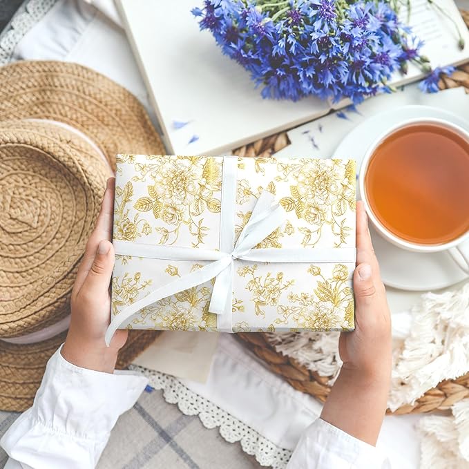 JarThenaAMCS Gold Foil Floral Wrapping Paper - Mini Roll - 17 Inch x 32.8 Ft Vintage Flower Gift Wrap Paper Decorative Art Paper for DIY Crafts Supplies