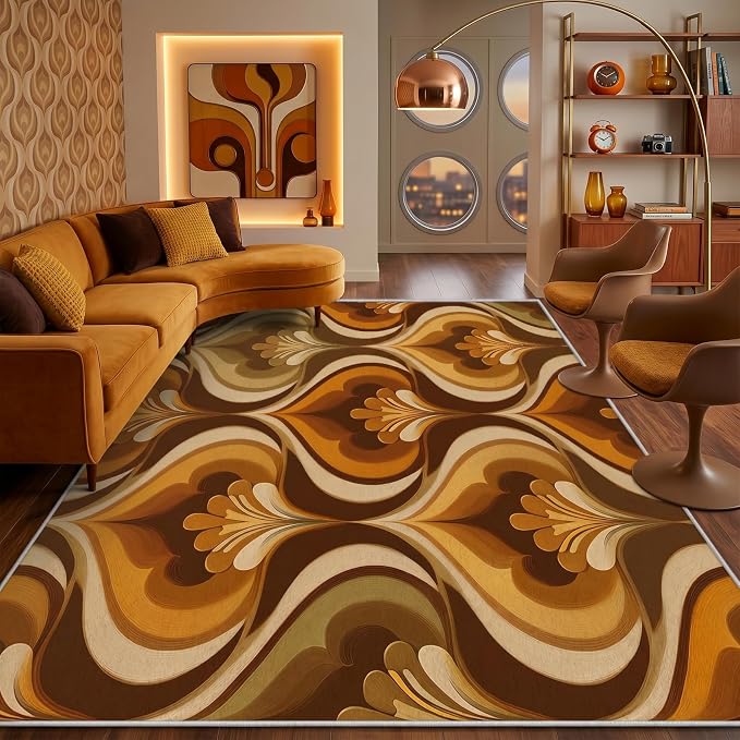 Retro 70s Area Rug 7x10, Mid Century Floral Geometric Rug, Burnt Orange Brown Vintage Carpet for Living Room Bedroom, Non-Slip Washable Area Rug