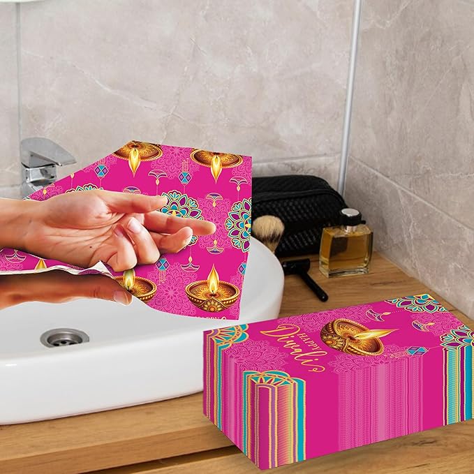 100pcs Happy Diwali Napkins 3 Ply Diwali Paper Napkins Decorations Disposable Absorbent Hand Towels for Bathroom Cocktail Napkins for Diwali Light Festival Indian Party Supplies