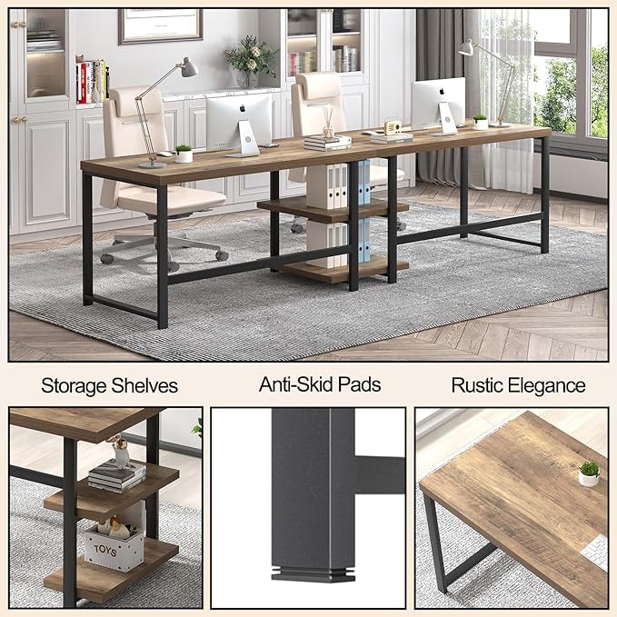 FOLUBAN Computer Desk, Wood and Metal Home Office Desk with Storage Shelves, Small Study Writing Table Workstation for Bedroom Living Room, Rustic Oak, 47 Inch