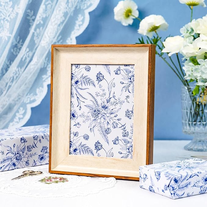 Yarcony Blue Floral Wrapping Paper Roll, Blue and White Wrapping Paper, Elegant Vintage Toile Flower Garden Gift Wrap for Upscale Gifts, Wedding, Birthday, Baby Shower, Mother's Day (17 In X 16.5 Ft)
