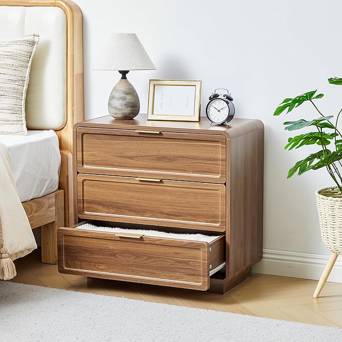 Modern Nightstand Set of 2 for Bedroom, 26'' Wide Wood 3 Drawers Bedside Table, Large Dresser w/Curved Profile Design, Side Table, End Table with Storage Drawers for Living Room, Entryway, Walnut