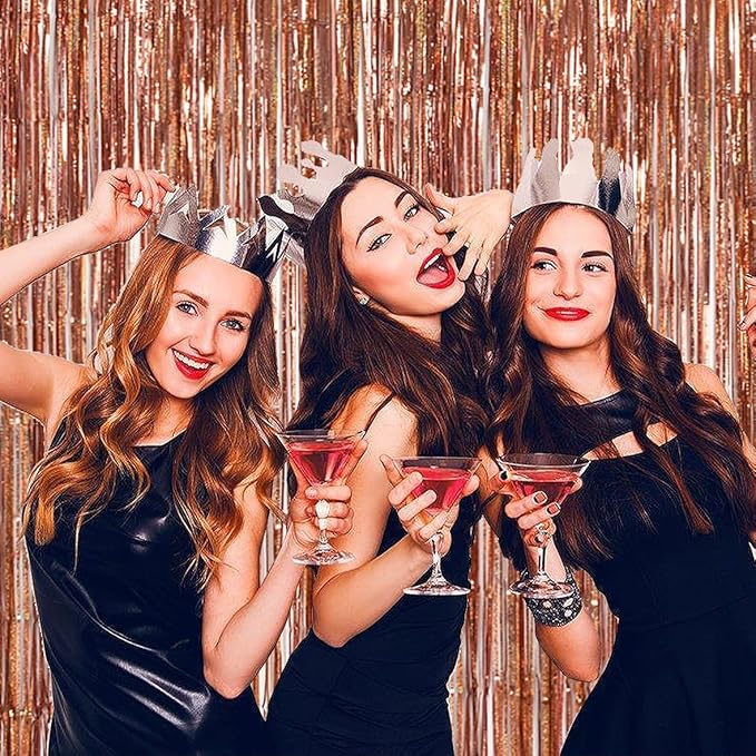 TONIFUL 3Pcs Laser Rose Gold Door Streamers,Laser Rose Gold Photo Booth Backdrop Metallic Streamers Foil Fringe Curtains for Birthday,Christmas,New Year,Bachelorette Party Decor(9.9ft x 6.6ft)