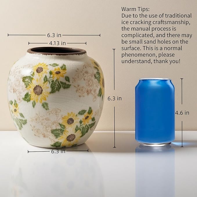 Vintage Round Pastoral Vase, 6.7 inch Yellow and Beige Sunflower Rustic Farmhouse Antique Ceramic Floral Vases, Retro Ice Cracked Chinoiserie Vase for Home Decor Living Room Bookshelf