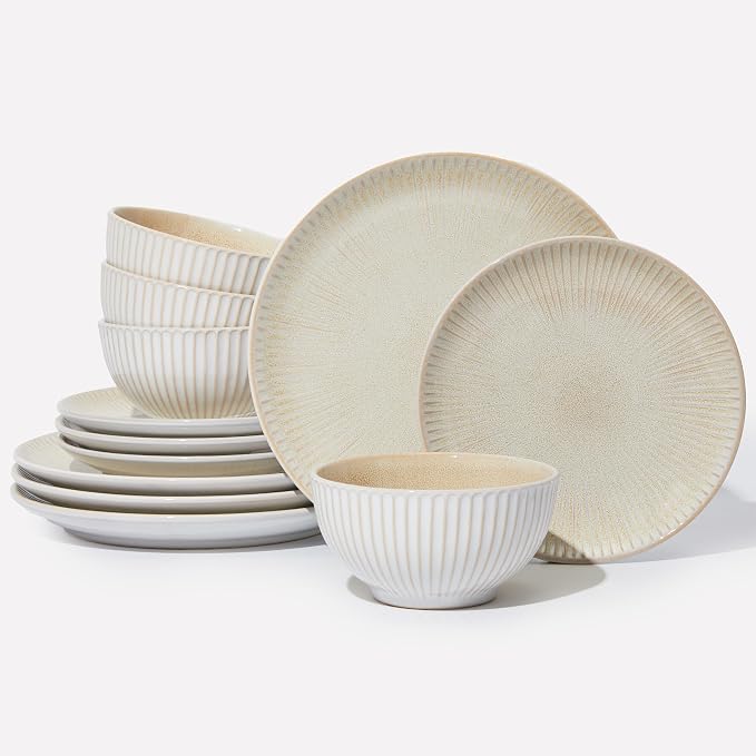 Pokini Ceramic Dinnerware Sets for 4, 12 Pieces Embossed Stoneware Plates and Bowls Sets, Scratch Resistant Dish Sets, Distinctive Granulated Surface, Housewarming Wedding Gift, Brown