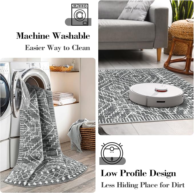 Wonnitar Moroccan 3x5 Washable Area Rug, Boho Living Room Rug, Non-Slip Farmhouse Rustic Bedroom Throw Mat, Non-Shedding Soft Geometric Floor Carpet for Kitchen Entry Office (Dark Grey,3'x5')