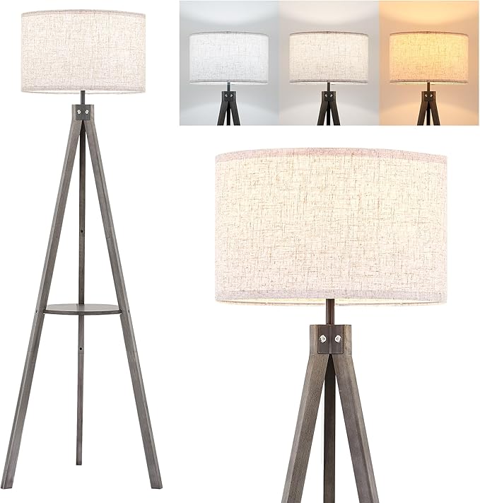 ELYONA Farmhouse Wood Tripod Floor Lamp with Table, Modern Reading Standing Lamp with 3 Color Temperatures LED Blub & Linen Shade, Shlef Coner Light for Living Room, Bedroom, Study Room, Office, Grey