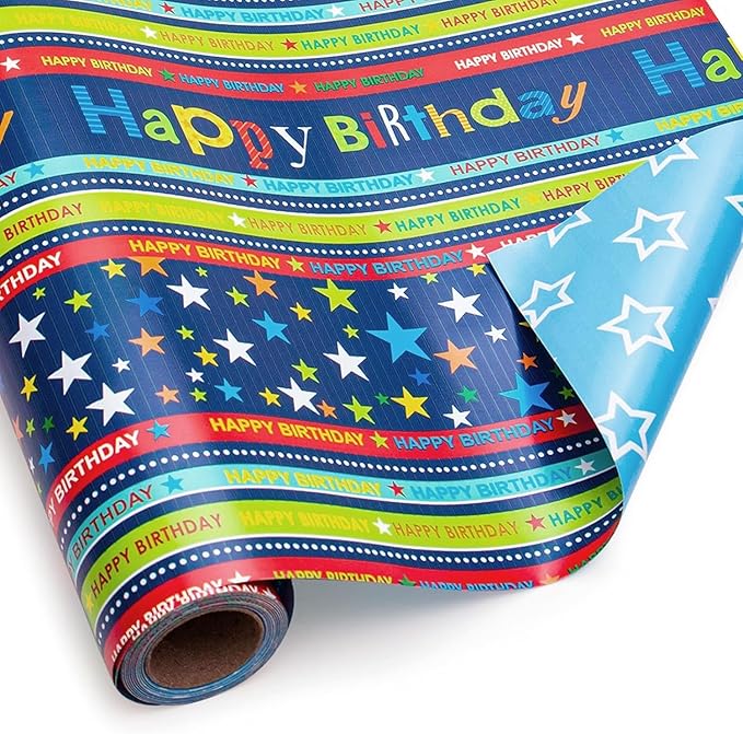 Burymento Reversible Birthday Wrapping Paper for Boys Girls Kids Adults Baby Shower Holiday - Colorful Happy Birthday Lettering and Stars Design - Blue Gift Wrapping Paper Roll, 17 Inch X 32.8 Feet