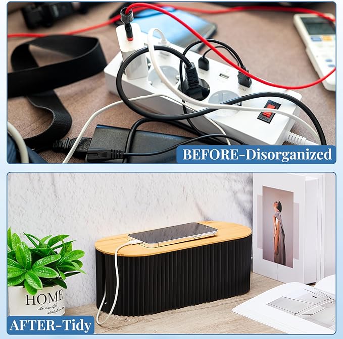 Marsui 2 Pcs Black Cable Management Organizer Box for Hiding Wires, Home Office Desk Floor Cord Organizer, 11.8 x 5.1 x 4.3 Inch Cord Strip Protect Holder Wire Storage