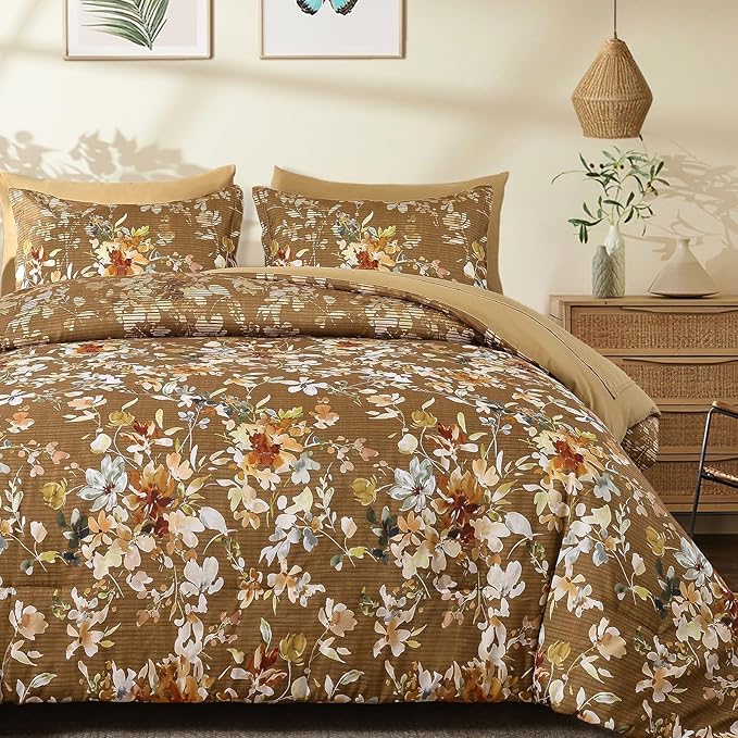 Dobuyly Fall Queen Comforter Set, 7 Pieces Brown Floral Comforter Set, Bed in a Bag Queen with Botanical Flowers Pattern, Farmhouse Queen Size Bedding Set with Sheets, Pillowcases & Shams