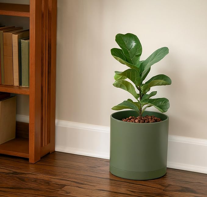 D'vine Dev 10 Inch Plastic Planter Pots for Plant Pot with Drainage Hole and Seamless Saucers, Olive, 74-X-I-2