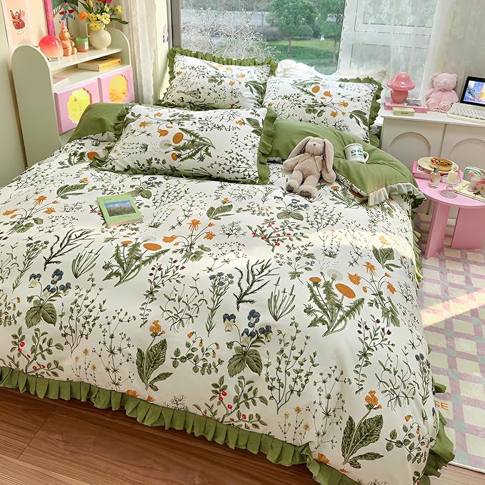 LifeTB Green Floral Comforter Set King Romantic Ruffle Comforter Vintage Botanical Flowers Comforter with 2 Pillowcases Boho Floral Lace Coquette Bedding Fluffy Comfy Farmhouse King Bed Comforter Set