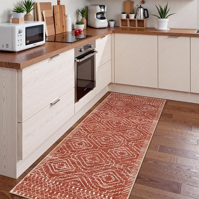 Wonnitar Moroccan Runner Rug 2x6, Washable Hallway Runner Rugs with Rubber Backing,Bohemian Geometric Kitchen Runner Non-Skid Soft Indoor Carpet for Bathroom Laundry Room (Brown,2'x6')