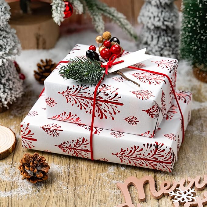 Flyhill Kraft Christmas Wrapping Paper-White 3D Embossed Gold Foil Christmas Pine Tree with Woodlands for Holiday, Party,Celebration, New Year (17 Inch X 32.8 Feet)