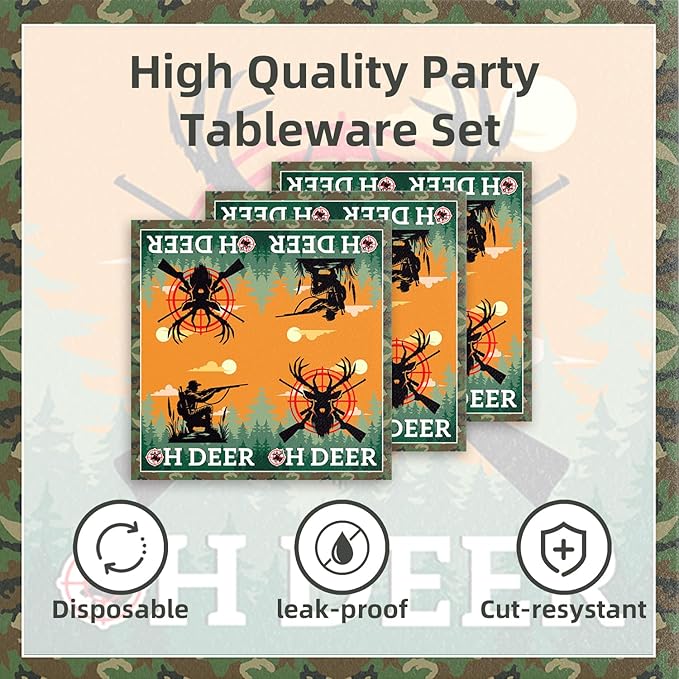 48Pcs Hunting Birthday Party Decorations Tableware Set Include Plates Napkins Forks Hunting Decor for 16 Guests