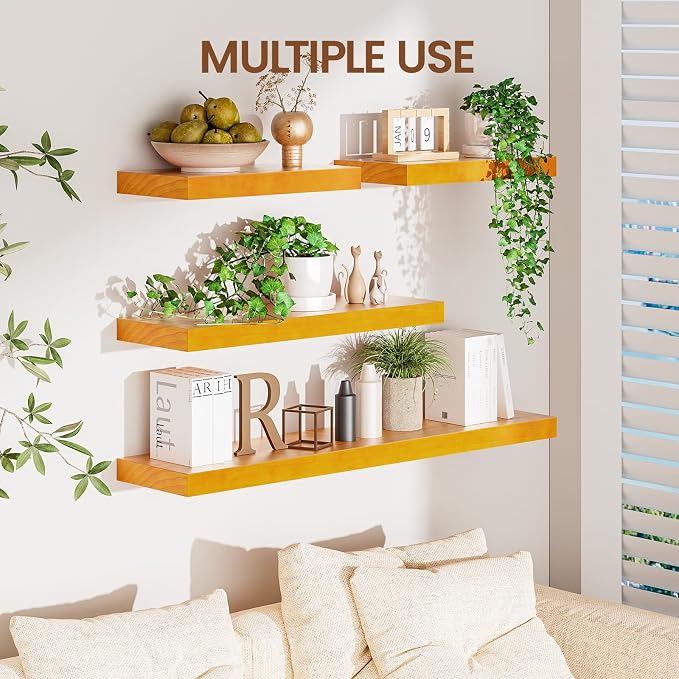 Heimlove Pine Wood Floating Shelves, 8 Inch Deep Real Wood Shelves Set of 2, Wall Mounted Rustic Wood 24x8 Floating Shelf with Invisible Brackets for Bedroom Kitchen Living Room - Honey Oak