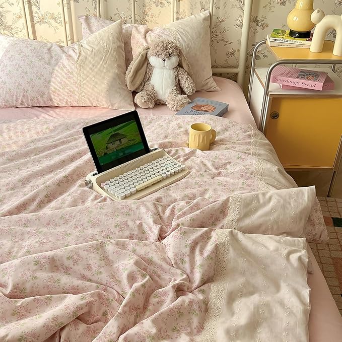 LifeTB Pink Floral Duvet Cover King Romantic Lace Bedding Set Garden Style Cottagecore Flower Duvet Cover with Zipper Closure Soft Washed Microfiber Botanical Comforter Cover for Girls Women
