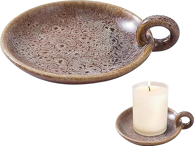 Vintage Ceramic Pillar Candle Holder Round Farmhouse Candlestick Holders with Handle, Decorative Incense Tray for Meditation Room, Table Centerpiece & Home Decor (Khaki)