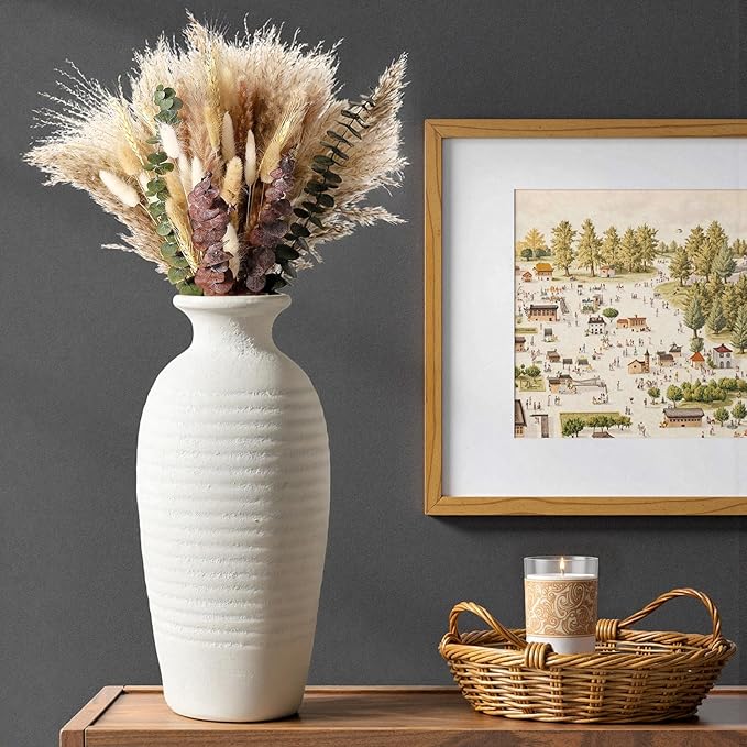 Rustic Ceramic Tall Vase 14.4” Large Handmade Flower Vases for Farmhouse Decor Living Room Shelf Styling Waterproof Off-White Pottery Jar for Pampas Grass Wedding or Housewarming Gift