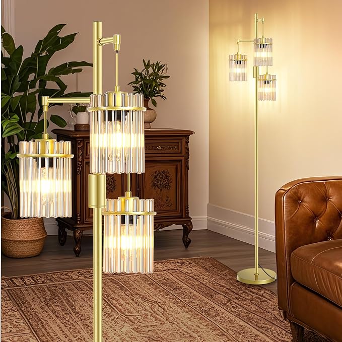 Gold Modern Standing Tall Floor Lamp for Living Room Dimmable, LED Glass Crystal Industrial Tree Lamp for Bedroom, Farmhouse Rustic Home Decor Fancy Light with 3 Bulbs