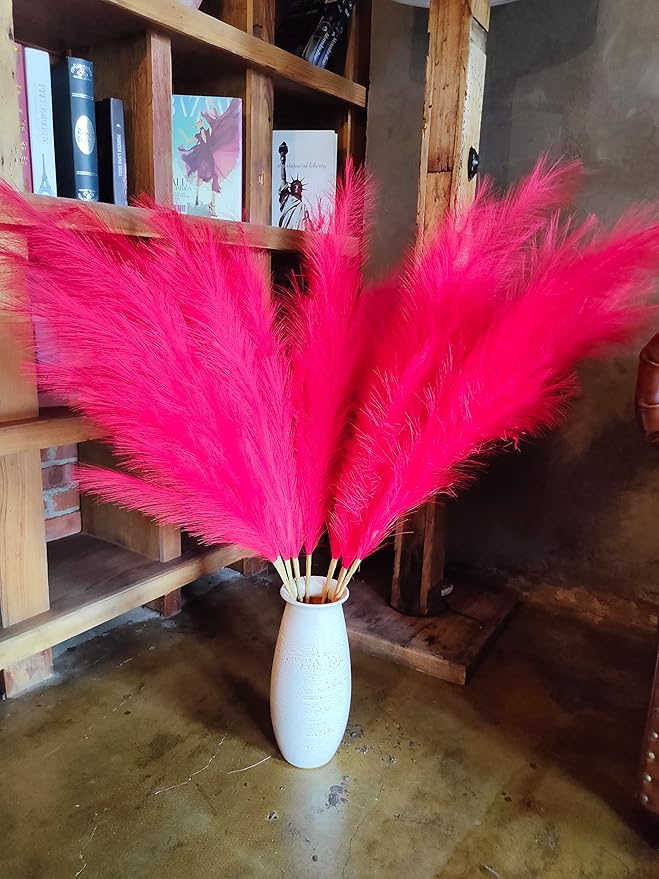 Premium Faux Pampas Grass Decor Tall & Fluffy, No Assembly Needed Long Pampas, Luxury Large Floral, Elegant Feather Flowers for Wedding Decorations (Faux Red, 8pcs 43.3"(110cm))