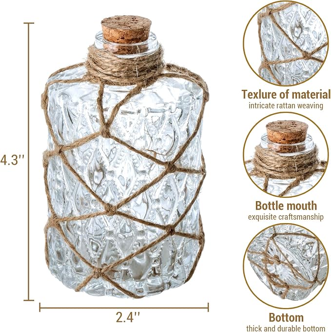 MyGift Set of 2 Rustic Embossed Glass Bud Vases with Cork Lids and Hand-Woven Hemp Rope – Apothecary Style Decorative Bottles for Farmhouse, Vintage, or Boho Home Decor