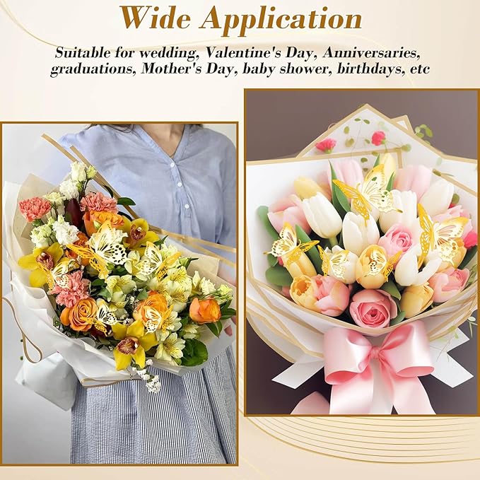cridoz 20 Sheets Flower Bouquet Wrapping Paper with 12 Pieces Gold Butterfly Decorations for Flower Bouquets, Waterproof Floral Bouquet Wrapping Paper for Flower, Gift Wrapping(White)