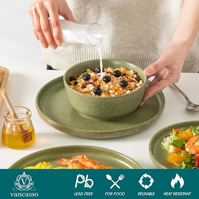 vancasso Plates and Bowls Sets, 24 Pieces Stoneware Dinnerware Set for 8, Ceramic Dish Set for Kitchen, Microwave and Dishwasher Safe, Mossy Green, Series ZERMATT