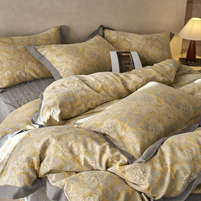 VM VOUGEMARKET Yellow Flower Duvet Cover Queen,3 Pieces Retro Jacquard Golden Floral Bedding Set,Linen Cotton Yarn-Dyed Textured Duvet Cover with Zipper Closure