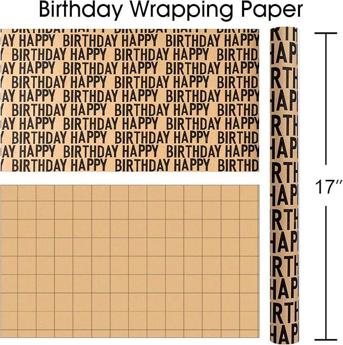 MAYPLUSS Birthday Wrapping Paper Rroll, Happy Birthday Kraft Gift Wrap for Boys Girls Men Women 17 IN x 33 FT