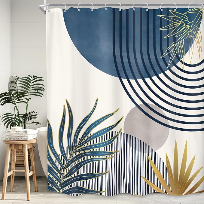 KOMLLEX Mid Century Boho Shower Curtain for Bathroom Decor 72Wx78H Inches Navy Blue Gray Abstract Modern Minimalist Arch Leaves Geometric Neutral Fabric Waterproof Polyester 12 Pack Hooks Pack Hooks