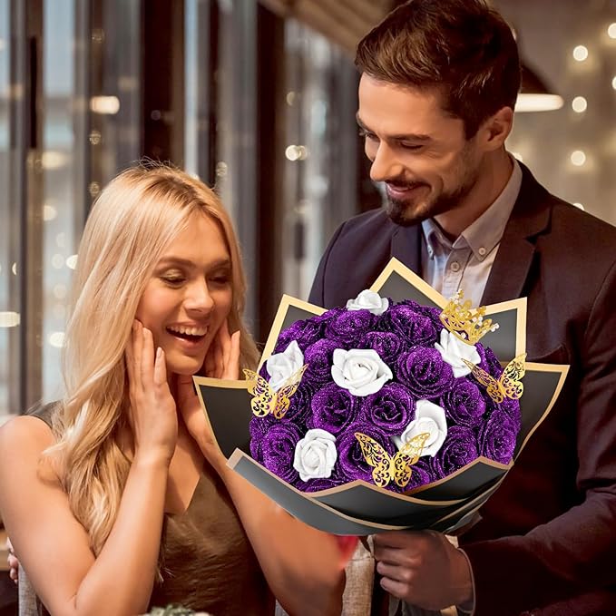 36+20 Glitter Roses Bouquet, DIY Fake Flowers Bouquet, Craft the Initials of Your Loves' Name with Artificial Rose for Valentines, Anniversary, Wedding, Mothers Day Gifts, Purple & White