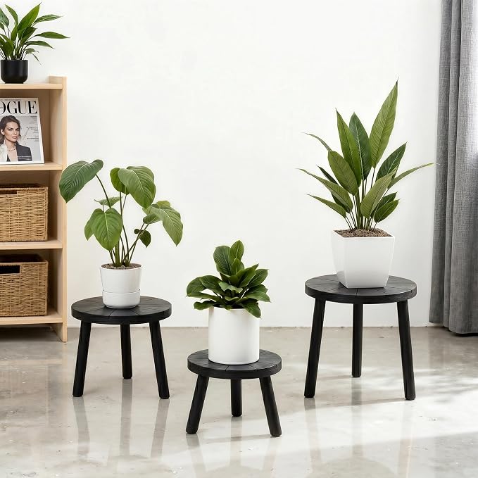 Delma Wood Plant Stands Indoor, 3-Pack Single Plant Stand for 7-10 Inch Pots, Mid-Century Modern Plant Stool, Tall Plant Stand for Large Plants for Living Room, Balcony, Office (Black, 3-Pack)