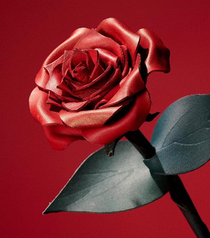 Handcrafted Genuine Leather Rose with Stem, Laser Silver Foil Gift Box Presentation, Lifelike Artisan Flower for 3rd Wedding Anniversary, Vase Included (Red, Deluxe)