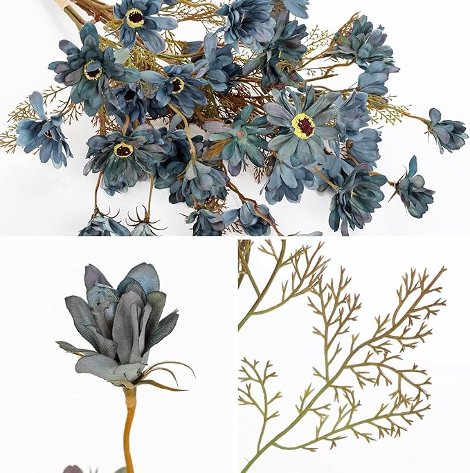 3 Bundles Artificial Daisy Flowers with Branches for Autumn Floral Arrangements, 20" Faux Wildflowers Mums Sprays for Fall Decor, Wedding Centerpieces, Fake Chrysanthemums Silk Flowers in Cyan Blue