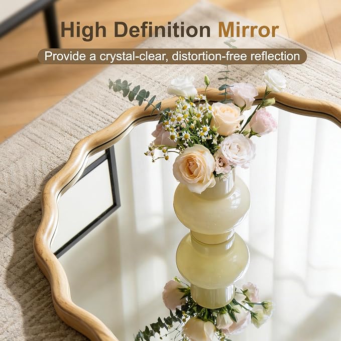 AMOISE Scalloped Round Mirror 24", Boho Wavy Wooden Frame Wall Mirror, Shatterproof Circle Accent Mirror for Bathroom, Bedroom, Entryway and Living Room
