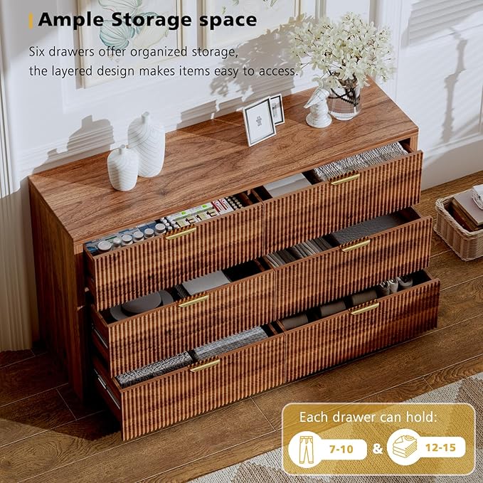55.12" Modern Chest of Drawer, 6 Deep Drawers,Clothes Organizer,Large Storage Cabinet for Living Room, Bedroom,Dresser TV Stand, Wood Drawer Organizer for Living Room, Hallway, Saddle