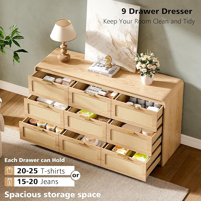 Mid Century Modern Dresser,Rattan 9 Drawers Dresser for Bedroom, 59" Wide Wood Dressers & Chests of Drawers/Curved Profile Design, Natural Texture for Bedroom, Living Room, Warm Wood