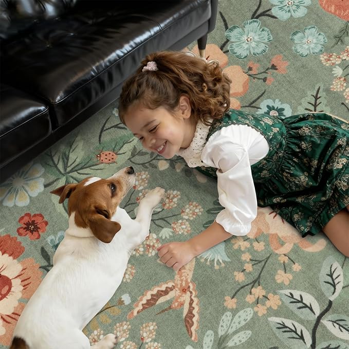 DCX Vintage Floral Rug 4x6, Washable Sage Green Rug for Living Room, Kid & Pet Friendly with Rubber Back Non Slip, Soft Low Pile Carpet, Stain Resistant Rug for Bedroom, Nursery, Dining Room