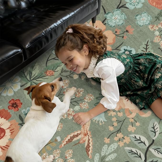 DCX Vintage Floral Rug 3x5, Washable Sage Green Rug for Living Room, Kid & Pet Friendly with Rubber Back Non Slip, Soft Low Pile Carpet, Stain Resistant Rug for Kitchen, Bedroom, Laundry, Bathroom