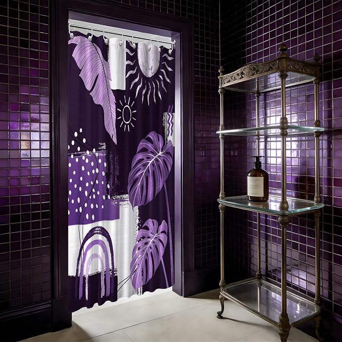 Small Stall Narrow Dark Purple Shower Curtain Lavender Stand Up Mid Century Modern Shower Curtains for Rv Camper Bathroom Decor Sets, Waterproof Cloth Fabric with Hooks, 48 x 72 Inch