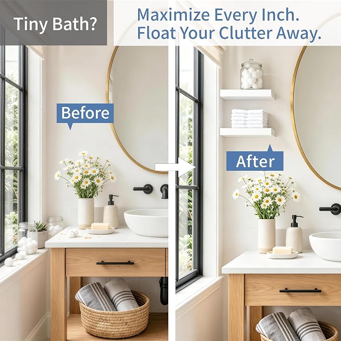 Floating Shelves for Wall, Set of 4 Wooden Wall Mounted Shelves for Bathroom Over Toilet, Bedroom, Kitchen, Living Room & Office, Modern Hanging Storage and Wall Decor, White, 12"x7"x1.5"