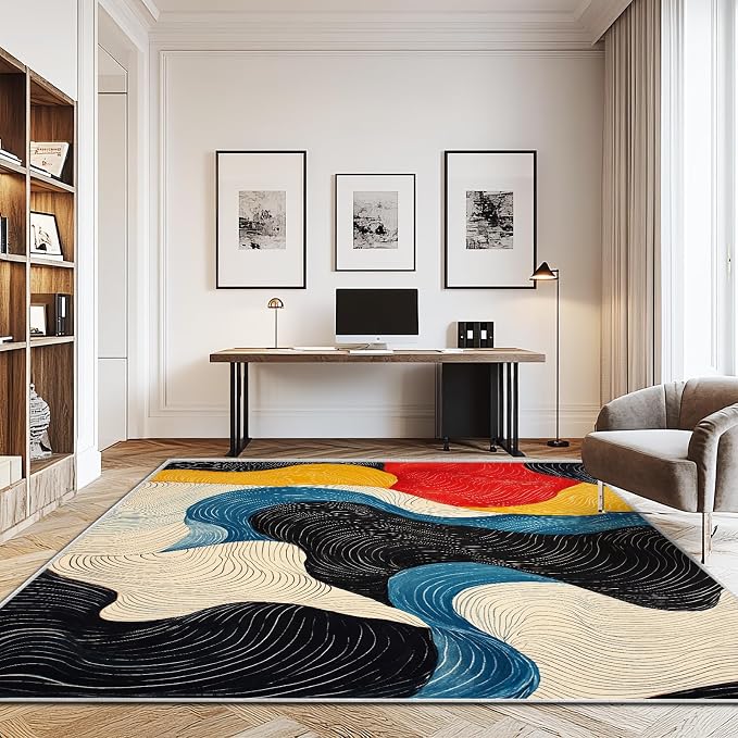 6x9 Colorful Area Rug Modern Abstract Black White Blue Beige Red Yellow Bedroom Rug Soft Low Pile Thin Large Carpet Living Room Non Slip Dining Room Stain Resistant Office Washable Machine